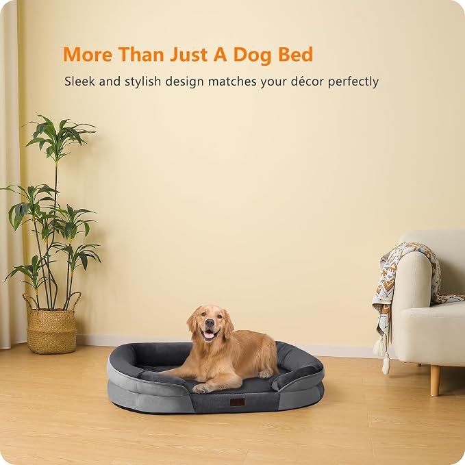 Dwanton Orthopedic Dog Bed for Large Dogs with Gel Memory Foam, Waterproof Dog Sofa, Washable Pet Bed with Four Sided Bolster Cushion, Removable Cover & Non-Slip Bottom, 42", Dark Grey