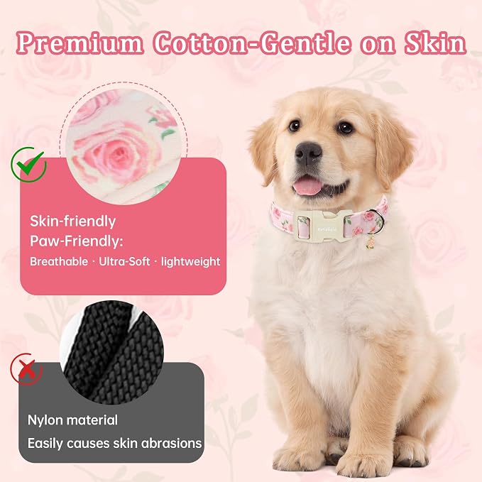 Spring Summer Dog Collar with Pink Rose,Adjustable Cotton Puppy Collars for Small Medium Large Dogs, Cute Girl or Boy Dog Collar Ideal for Gifts,Pet Accessory,M