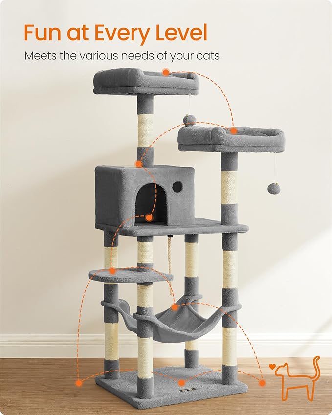 Feandrea Cat Tree, 55.8-Inch Cat Tower, Multi-Level Plush Condo with 11 Scratching Posts, 2 Perches, Hammock, Cave, Light Gray UPCT15W