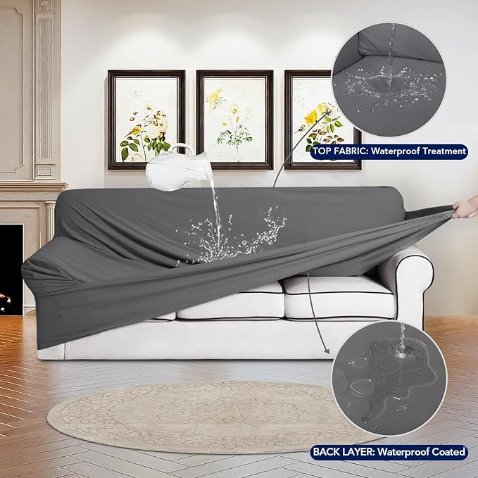 PureFit 100% Dual Waterproof Couch Cover Slipcovers for Couches and Sofas - Stretch Non Slip Fleece Sofa Covers Washable, Leakproof Furniture Protector for Kids, Pets, Dog (Oversized Sofa, Gray)