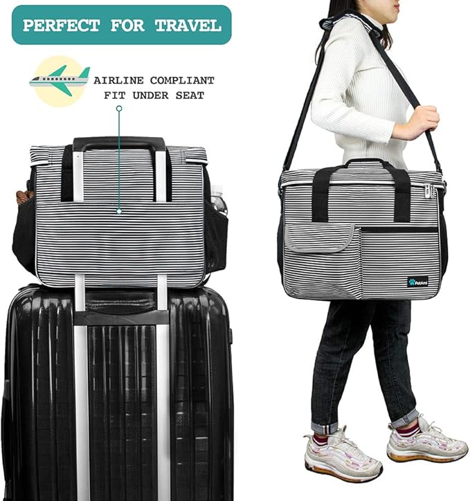 PetAmi Dog Travel Bag Organizer, Pet Travel Kit with 2 Food Containers & 2 Collapsible Dog Bowls, Pet Supplies Tote with Luggage Sleeve, Weekend Road Trip Camping Essentials, Stripe Black, Medium