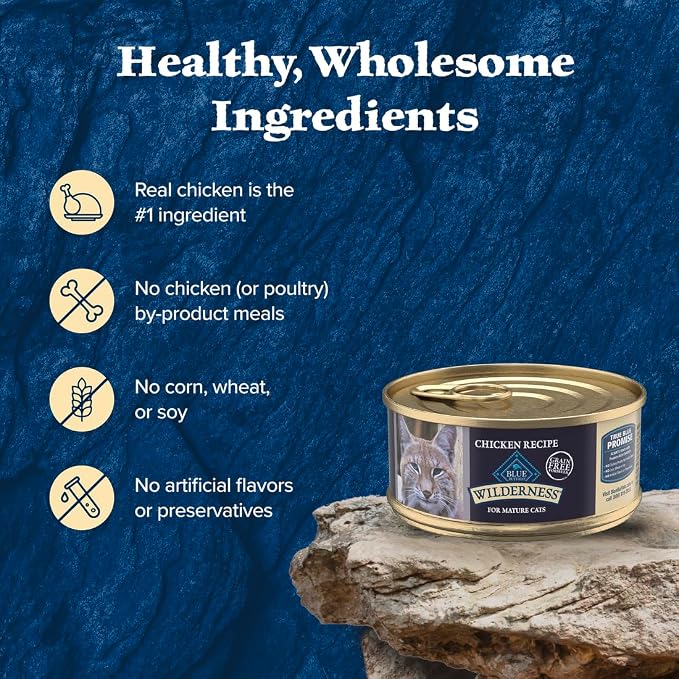 Blue Buffalo Wilderness Adult Cat 7+ Grain Free Chicken Paté Wet Cat Food, Supports Energy for an Active Life, Made with Natural Ingredients, 5.5-oz. Cans (24 Count)