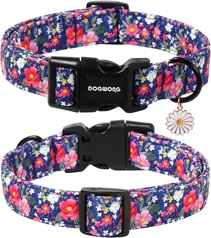 DOGWONG Blue Flower Dog Collar, Cute Adjustable Floral Collar, Girl Female Spring Summer Dog Collar with Strong Plastic Buckle for Small Medium Large Dogs,M