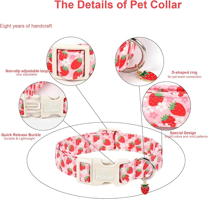 Strawberry Dog Collar Summer Pink Girl Dog Collars for Medium Dogs - Lightweight Adjustable Cute Female Dogs Everyday Collar with Safety Buckle M