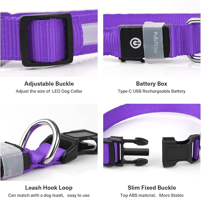 PcEoTllar Light up Dog Collar for Night Walking - LED Dog Collar Light Rechargeable Color Changing, Glow in The Dark Dog Collars Waterproof Glowing Dog Collars for Large Small Medium Dogs, Purple S