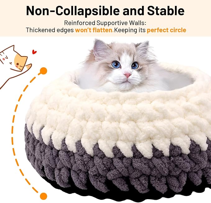 Handwoven Soft Cat Cave Bed, Indoor Cat Beds with Washable Round Nest, Kitten House & Cat Furniture, White & Gray