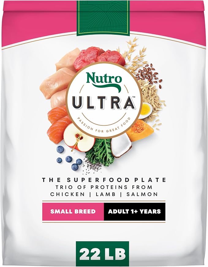 Nutro Ultra Adult Small Breed Dog Food Dry Recipe, Dry Dog Food for Small Dogs, Chicken, Lamb and Salmon Protein Trio, 22 lb. Bag