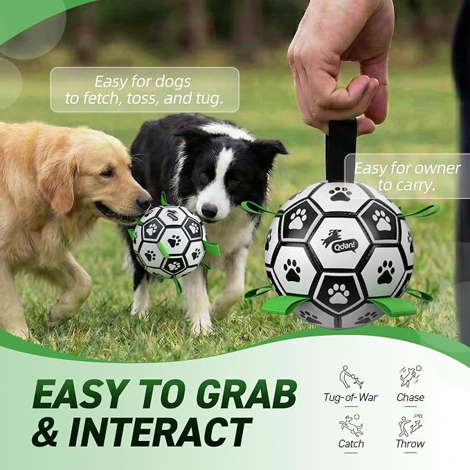 QDAN 2 PCS Dog Toys Soccer Ball Set with Straps, Interactive Dog Toys for Tug of War, Puppy Birthday Gifts, Dog Water Toy, Durable Dog Balls for Medium & Large Dogs（6 & 8 Inch）