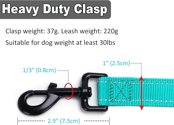 3 Handle Dog Leash, 10FT Triple Handle Dog Leash Heavy Duty with Reflective Stitching, Padded Traffic Handles for Training, Control & Safety -Turquoise