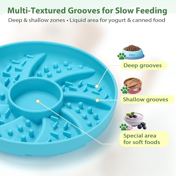 Silicone Dog & Cat Slow Feeder Bowl Lick Mat with Strong Suction Cups, Anti-Spill Design, Multi-Textured, Extend Mealtime, Reduce Anxiety, Dishwasher Safe, All Breeds & Ages (Blue)