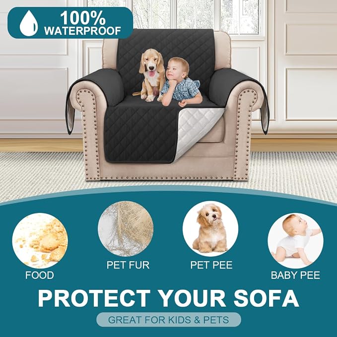 Turquoize 100% Waterproof Sofa Covers Chair Cover Slipcover Couch Protector Triple Non-Slip Sofa Slipcover for 1 Cushion Furniture Protector for Pets, Kids,Dog (Chair 23", Black)