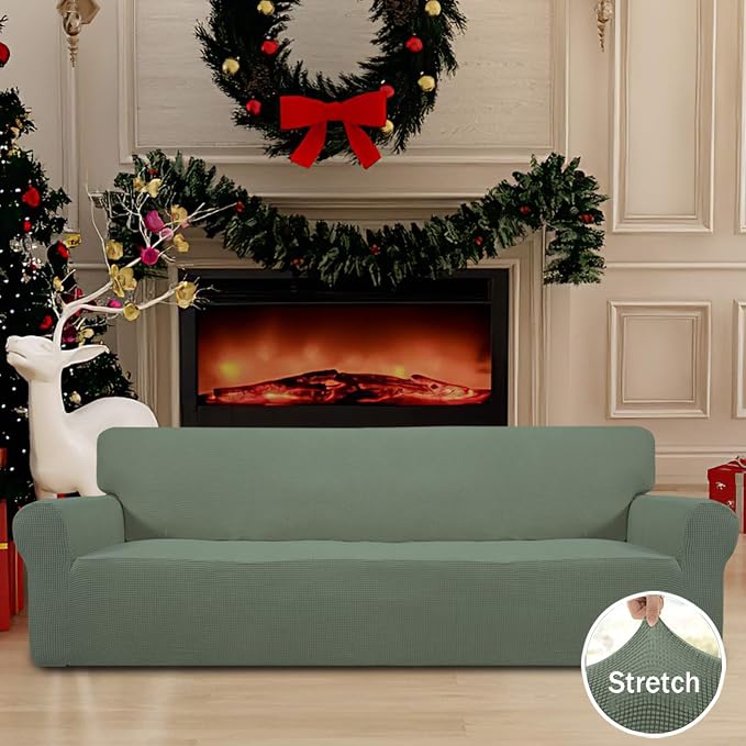 Easy-Going Stretch 4 Seater Sofa Slipcover 1-Piece Sofa Cover Furniture Protector Couch Soft with Elastic Bottom for Kids, Polyester Spandex Jacquard Fabric Small Checks Greyish Green