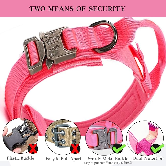 Tactical Dog Collar Adjustable Military Nylon Dog Collar with Control Handle and Heavy Duty Metal Buckle for Medium and Large Dogs (Pink,S)