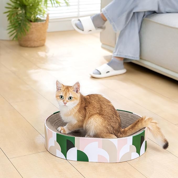 Conlun Cat Scratcher Cardboard,2 in 1 Oval Cat Scratch Pad Bowl for Indoor Kitty Grinding Claw,Round Kittens Scratching Board Corrugated Lounge Pet Beds&Furniture Protector for Couch&Carpets&Sofas