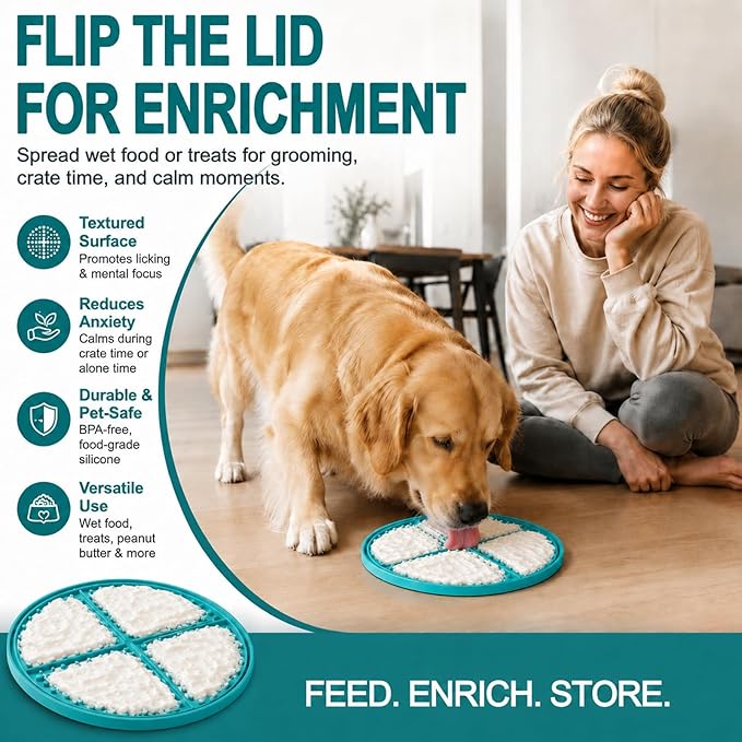 Large Dog Bowl 8 Cups Stainless Steel with Slow Feeder Insert and Lick Mat Storage Lid, 3-in-1 Non-Slip Pet Bowl for Kibble, Wet Food,Travel