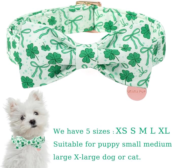 St. Patrick's Day Dog Collar with Bow Tie, Spring Shamrock Bowtie Collar for Girl Boy Dog, Lucky Clover Dog Collar with Metal Buckle, Green Collar for Dogs, XL