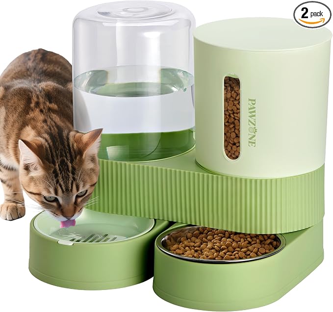 2 Pack Automatic Cat Feeder Stainless Steel Water Dispenser Gravity Food Feeder and Waterer Set with Pet Food Bowl for Small Medium Kitten Puppy Pets Large Capacity(Green)