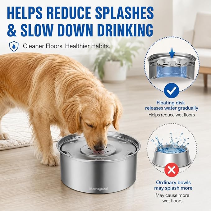 Dog Water Bowl No Spill, 3L/101oz Stainless Steel Slow Feeder Dog Bowl with Floating Disk, Spill Proof Dog Water Bowl Dispenser for Messy Drinkers, Anti Splash Large Dog Bowl with Filter