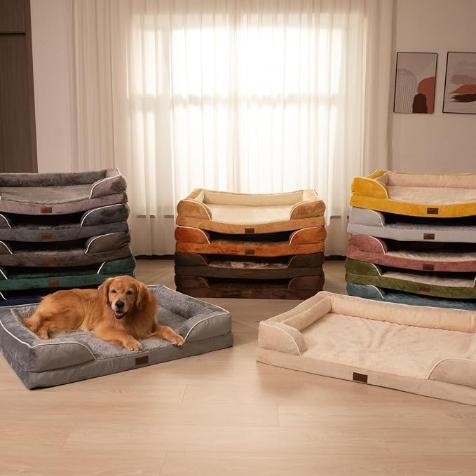 Comfort Expression Orthopedic Dog Bed for Large Dogs 38x25 Inch, Waterproof Egg Crate Foam Large Pet Bed with Removable Bolsters, Dog Couch with Washable Cover & Non-Slip Bottom, Light Brown