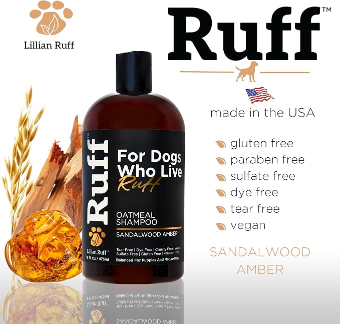 RUFF by Lillian Ruff Oatmeal Dog Shampoo | Sandalwood Amber | Professional Dog Shampoo With Aloe & Coconut Oil | Relieves Itching & Hot Spots | Moisturizing & Deodorizing | Safe for Puppies | USA Made
