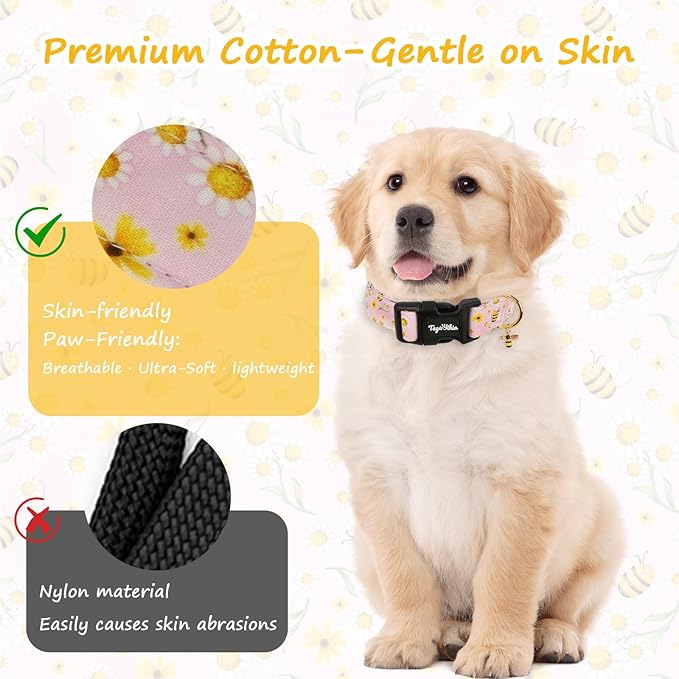 Dog Collar with Bees & Flowers Pattern, Spring Summer Collection Pink Dog Collar with Exquisite Pendant, Durable Adjustable Collars for Gifts & Daily Use-M