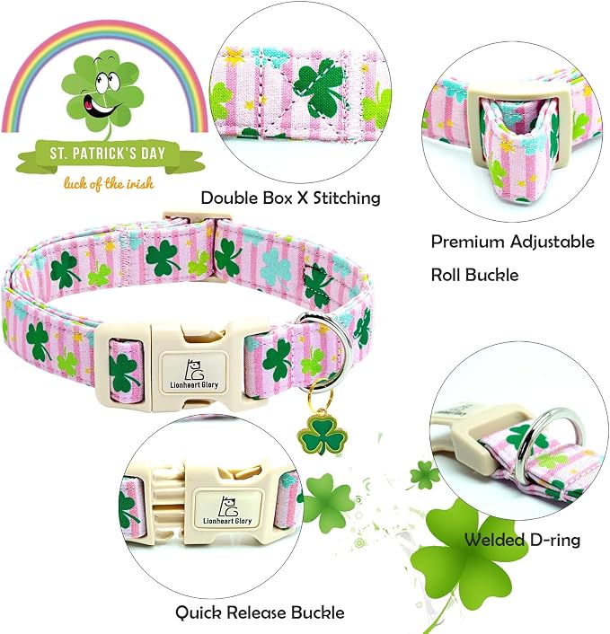 Lionheart glory St. Patrick's Dog Collar-Lucky Clover Shamrock Pink Spring Trefoil Dog Collar for Small Dogs Adjustable Heavy-Duty Dogs Collars Pet Gift Female