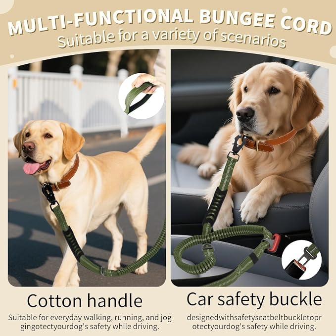 Heavy Duty Tactical Dog Leash, 4-6FT Shock Absorbing Bungee Lead with 2 Padded Handles, Metal Carabiner & Seatbelt Clip, Reflective No-Pull Leash for Medium/Large Dogs (ArmyGreen)