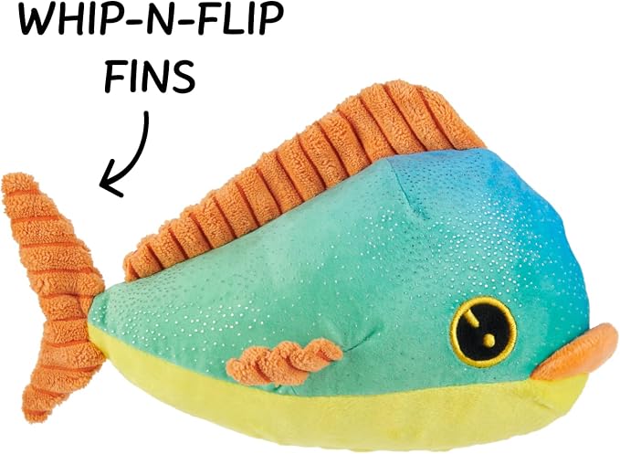 Barkbox Maggie Mahi Dog Toy | Plush Dolphinfish with Whip-N-Flip Fins, Squeaker & Fluffy Filling | Thrash & Squeak Toy for Small to Medium Dogs