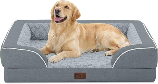 Orthopedic Dog Beds for Large Sized Dogs 36x27 Inch, Waterproof Egg Crate Foam Dog Sofa Bed with Removable Washable Cover Big Pet Couch with Bolster & Non-Slip Bottom, Grey