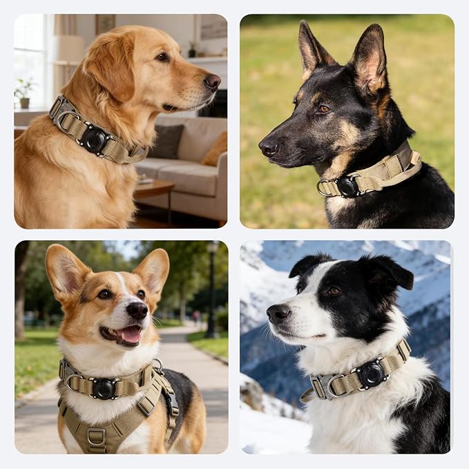 Upgraded AirTag Dog Collar,Waterproof Tactical Dog Collar with AirTag Holder, Control Handle and Metal Buckle,Heavy Duty Dog Collars for Large Dogs(Brown，L
