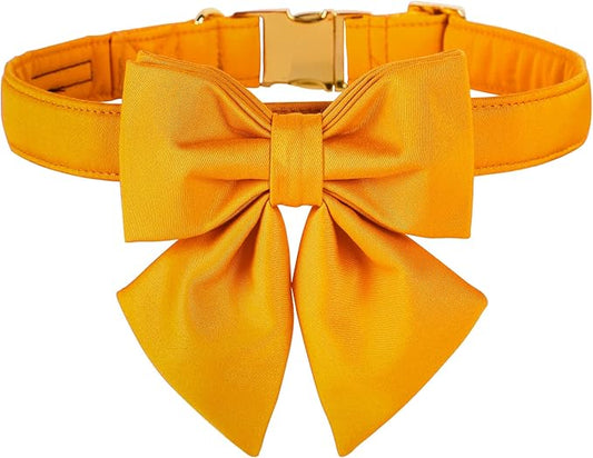 Maca Bates Mango Yellow Dog Collar with Cute Solid Sailor Bow Tie for Extra Large Girl Boy Dogs,Adjustbale Durable Breakaway Soft Collars with Bowtie for Female Male Puppy,Pet with Metal Buckle