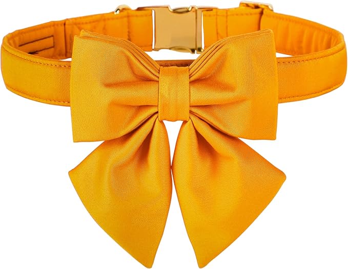 Maca Bates Mango Yellow Dog Collar with Cute Solid Sailor Bow Tie for Small Girl Boy Dogs,Adjustbale Durable Breakaway Soft Collars with Bowtie for Female Male Puppy,Pet with Metal Buckle
