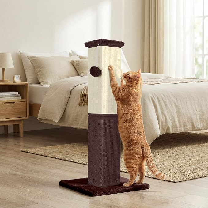 Cat Scratching Post, 32 Inch Cat Scratching Post for Large Cats, Cat Scratcher with Nature Sisal, Cat Scratch Post for Indoor Large Cats and Kitten, Brown