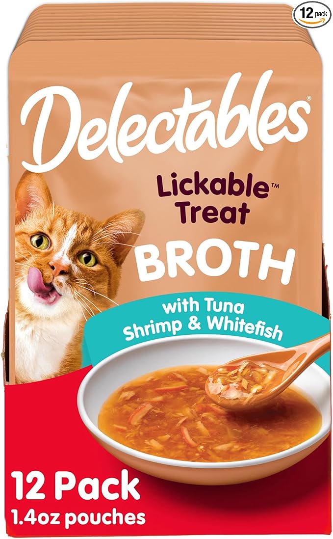 Delectables Lickable Treat Savory Broth Wet Cat Treat with Real Tuna & Shrimp, Food Topper, Hydrating, Grain-Free, No Fillers, No By-Products, No Added Preservatives, 1.4oz Pouch, 12ct