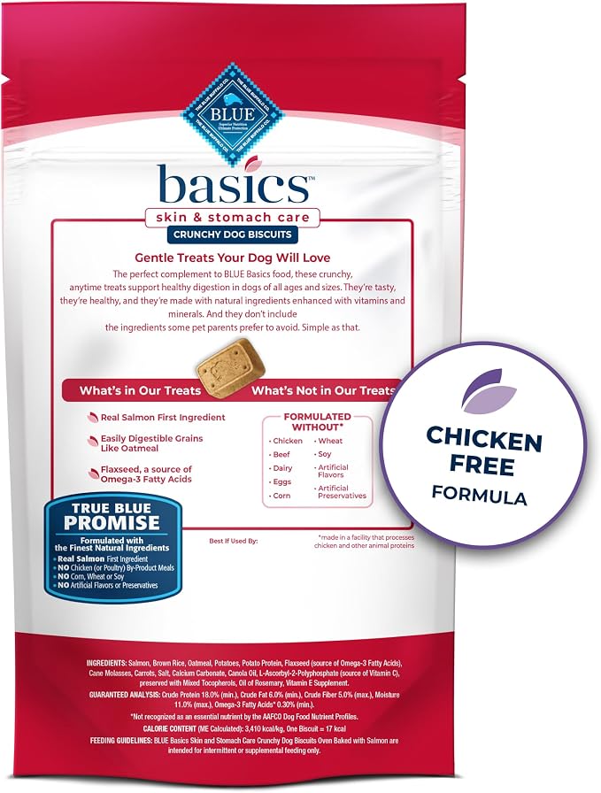 Blue Buffalo Basics Crunchy Dog Biscuits for Skin & Stomach Care, Limited Ingredient Diet Dog Treats, Salmon & Potato Recipe, 6-oz. Bag (Pack of 6)