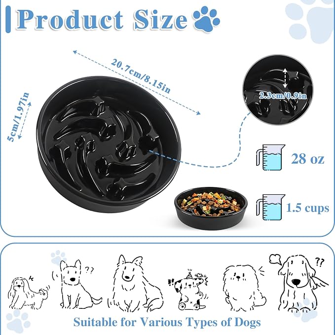 Ceramic Slow Feeder Dog Bowls, 2 Cups Dog Food Dish for Medium and Large Breed, Puzzle Dog Food Bowl for Fast Eater, 28OZ, 8.15 inch(Black)