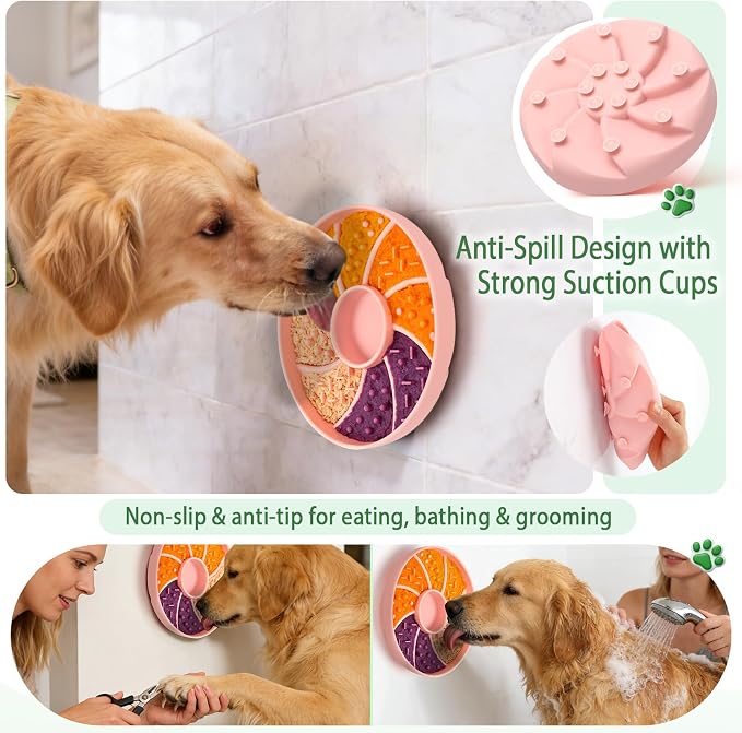 Silicone Dog & Cat Slow Feeder Bowl Lick Mat with Strong Suction Cups, Anti-Spill Design, Multi-Textured, Extend Mealtime, Reduce Anxiety, Dishwasher Safe, All Breeds & Ages (Pink)