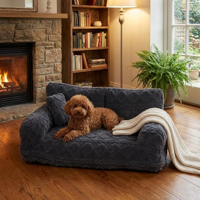 Plush Calming Pet Sofa Bed with Removable Cover, Fluffy Dog Cat Bed Pet Couch Beds Plush, Plushs Cat Couch Bed, Soft Warming Washable Puppy Bed (Dark Grey, X-Large)