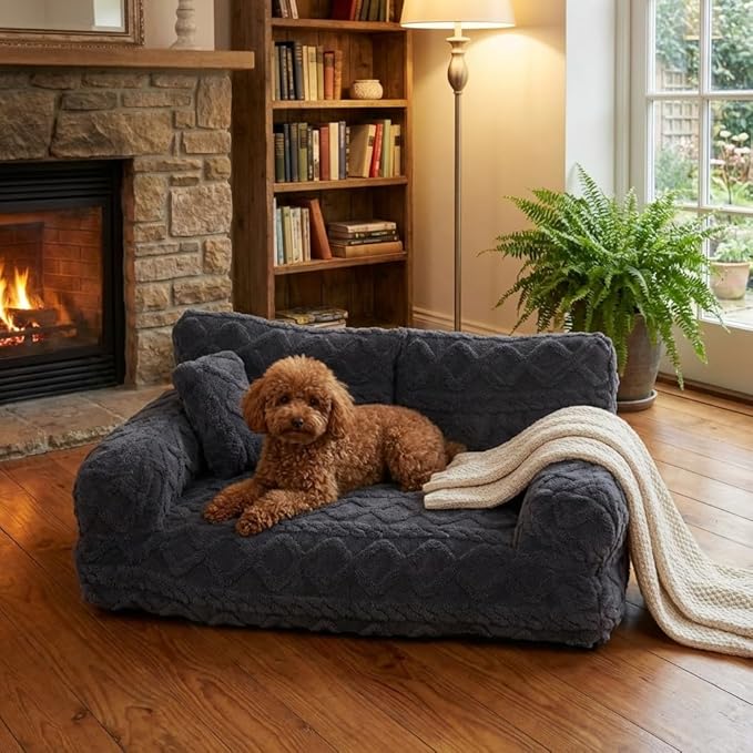 Plush Calming Pet Sofa Bed with Removable Cover, Fluffy Dog Cat Bed Pet Couch Beds Plush, Plushs Cat Couch Bed, Soft Warming Washable Puppy Bed (Dark Grey, XX-Large)