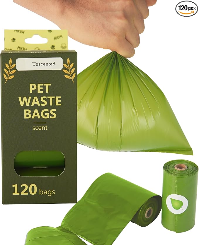 Dog Poop Bags — Unscented, Extra Thick 15 Micron Leak-Proof Pet Waste Bags, 120 Count (8 Rolls) 9 x 13 in Refill Rolls with Easy Tear-Off Perforation & Recyclable Core