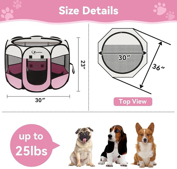 Siedihit Pink Puppy Playpen for Middle Dog Cat, Dog Tent Crates Cage Indoor/Outdoor, Portable Pop Up Dog Kennel with Carrying Bag for Rabbits, (Pink, Medium)