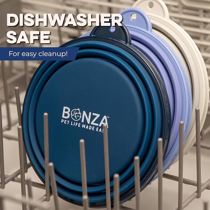 Bonza Collapsible Dog Bowls - Small 12 oz, Dog Travel Accessories, Silicone Portable Dogs Bowl & Water Dish with Reinforced Rim & Carabiner for Hiking, Camping, and Car Trips, Navy Blue