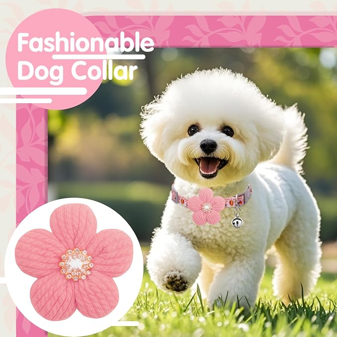 Small Dog Collar with Flower, Spring Dog Collar for Girl Dog Collars for Small Dogs Cute Dog Collar with Bell, Adjustable Length