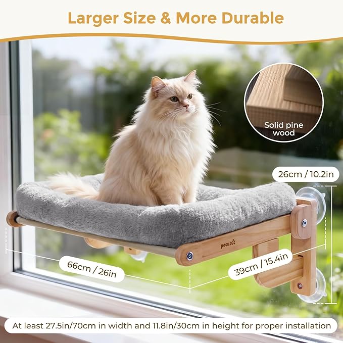 Pecute Cat Window Hammock Foldable, Space Saving Cat Window Bed with Soft Cushion, Sturdy Wood Frame Hanging Cats Lounge Seat, Collapsible Large Perch with Suction Cups for Indoor Cats(Grey, 26" L)