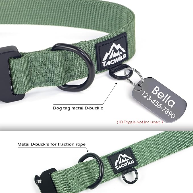 Dog Collar for Large Dogs - Adjustable, Chew Proof Nylon Collar with Metal Quick Release Buckle and D-Ring for Dog Tags (Dark Green)