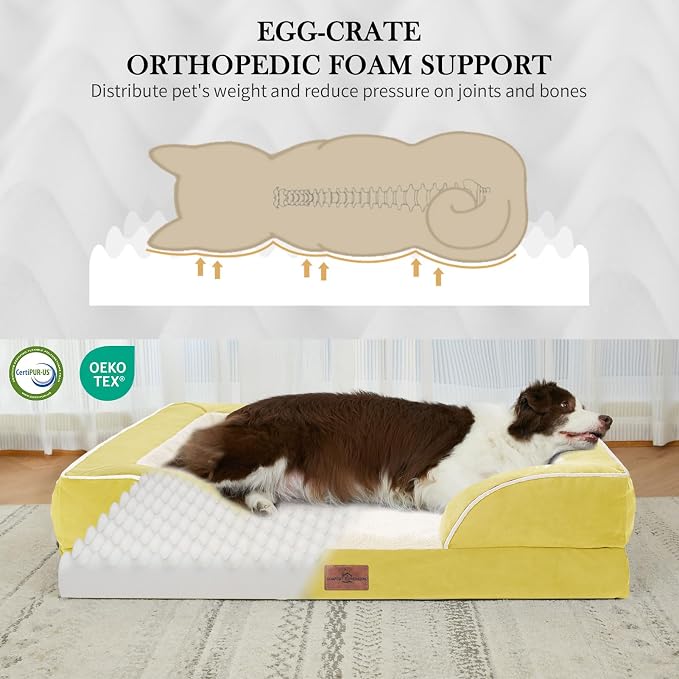 Comfort Expression Orthopedic Dog Bed for Large Dogs 36x27 Inch, Waterproof Egg Crate Foam Large Pet Bed with Removable Bolsters, Dog Couch with Washable Cover & Non-Slip Bottom, Spicy Mustard