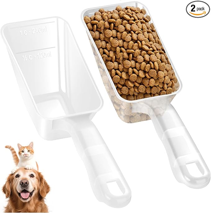 2-Pack Dog Food Scoop 1 Cup, Plastic Pet Food Measuring Scoop With Measuring Lines (1/2 & 1 Cup Markings) for Dogs, Cats, Fish, Bird（Transparent