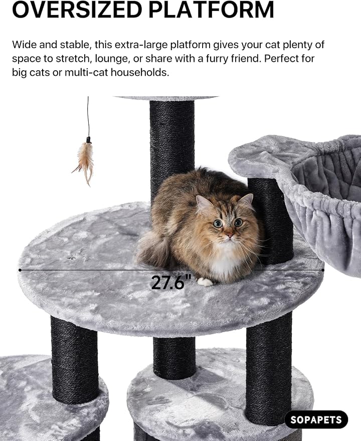 Extra Large Cat Tree for Maine Coon,65 Inches Tall Cat Tree Tower for Indoor Cats Large Adult 20 lbs,XXL Heavy Duty Luxury Sturdy Cat House with Big Hammock,Sisal Scratching Post,Condo,Grey