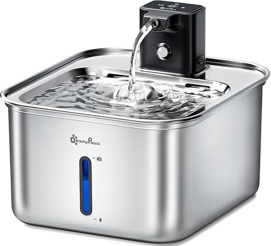 DownyPaws Cat Water Fountain Stainless Steel Wireless, 101 oz/3L FurSink Cordless Water Fountain for Cats, Battery Operated Cat Fountains for Drinking with Motion Sensor, Easy Clean, Metal