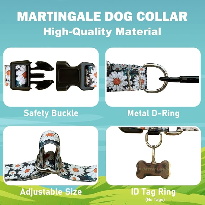 Martingale Collar for Dogs Daisy Dog Collar with Buckle Adjustable Nylon Medium Dog Collars, Daisy